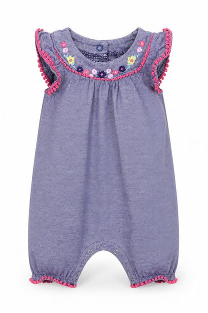 Front view of F&F girls’ blue striped babygrow one-piece, size 3-6, months