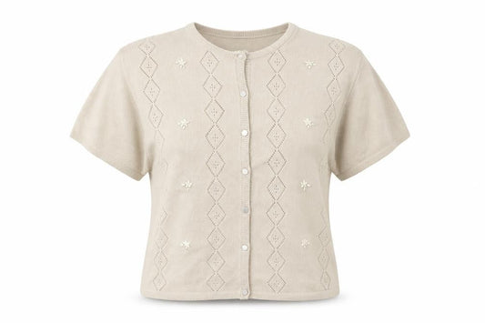 Front view of AKAL women’s beige cardigan jumper, size M