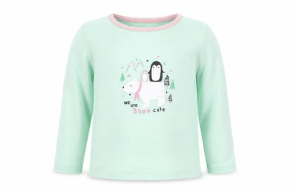 Front view of Primark girls’ green basic t-shirt, size 18-24, months - polar bear