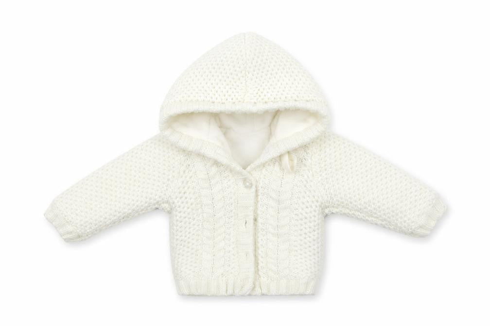 Front view of Early Days girls’ white jacket coatigan, size 0-3, months