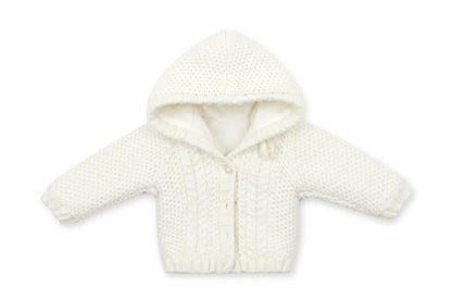 Front view of Early Days girls’ white jacket coatigan, size 0-3, months
