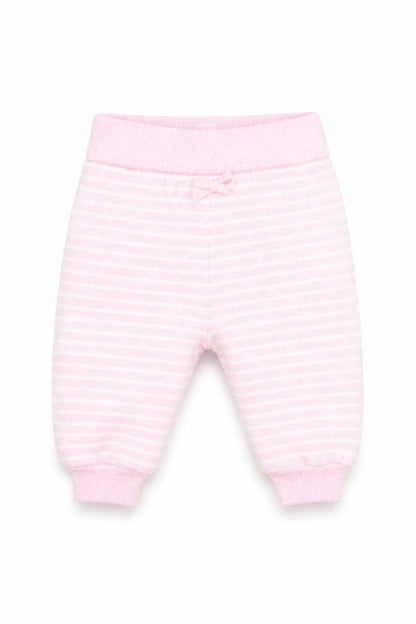 Front view of Early Days girls’ pink striped sweatpants, size 0-3, months
