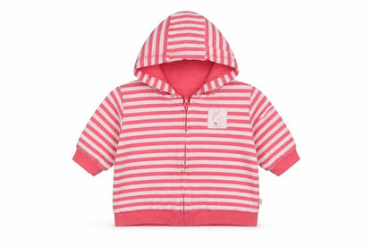 Front view of Mothercare Baby Pink Striped Full Zip Jumper, size 0-3, Months