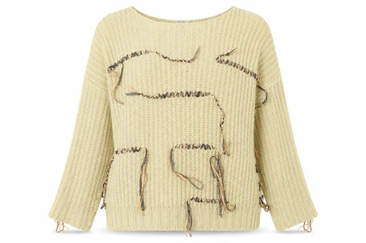 Front view of Miss Selfridge women’s beige striped jumper, size UK 14