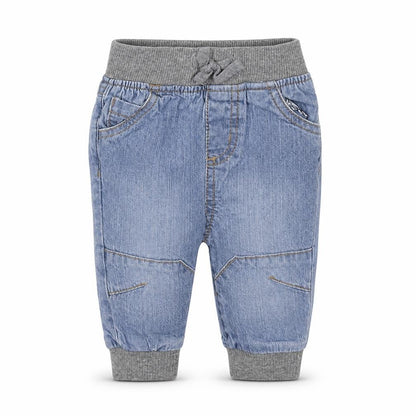 Front view of Early Days Baby Blue Denim Jogger Jeans, size 3-6, Months
