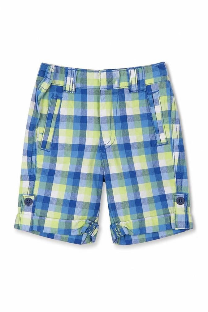 Front view of Mini Club boys’ multicoloured check cropped trousers, size 3-6, months - shorts