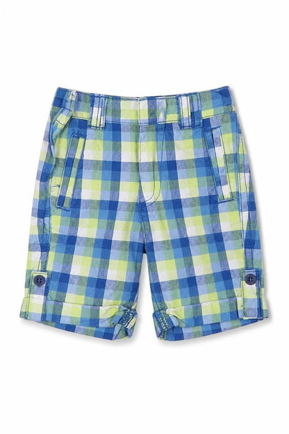 Front view of Mini Club boys’ multicoloured check cropped trousers, size 3-6, months - shorts