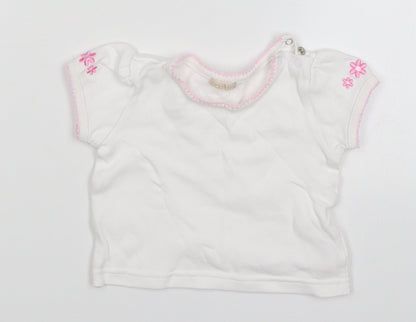 BHS Girls White   Basic T-Shirt Size 3-6 Months  - Embroidered Flowers on Sleeves