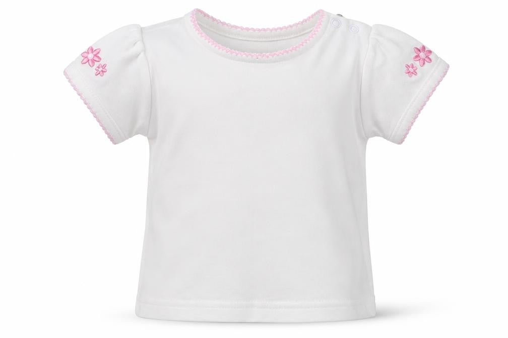 Front view of BHS girls’ white basic t-shirt, size 3-6, months - embroidered flowers on sleeves