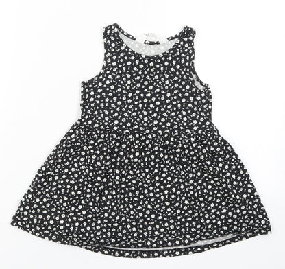 H&M Girls Black Floral  Skater Dress  Size 2 Years