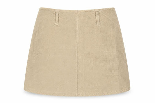 Front view of Denim Co women’s beige corduroy mini skirt, size UK 10