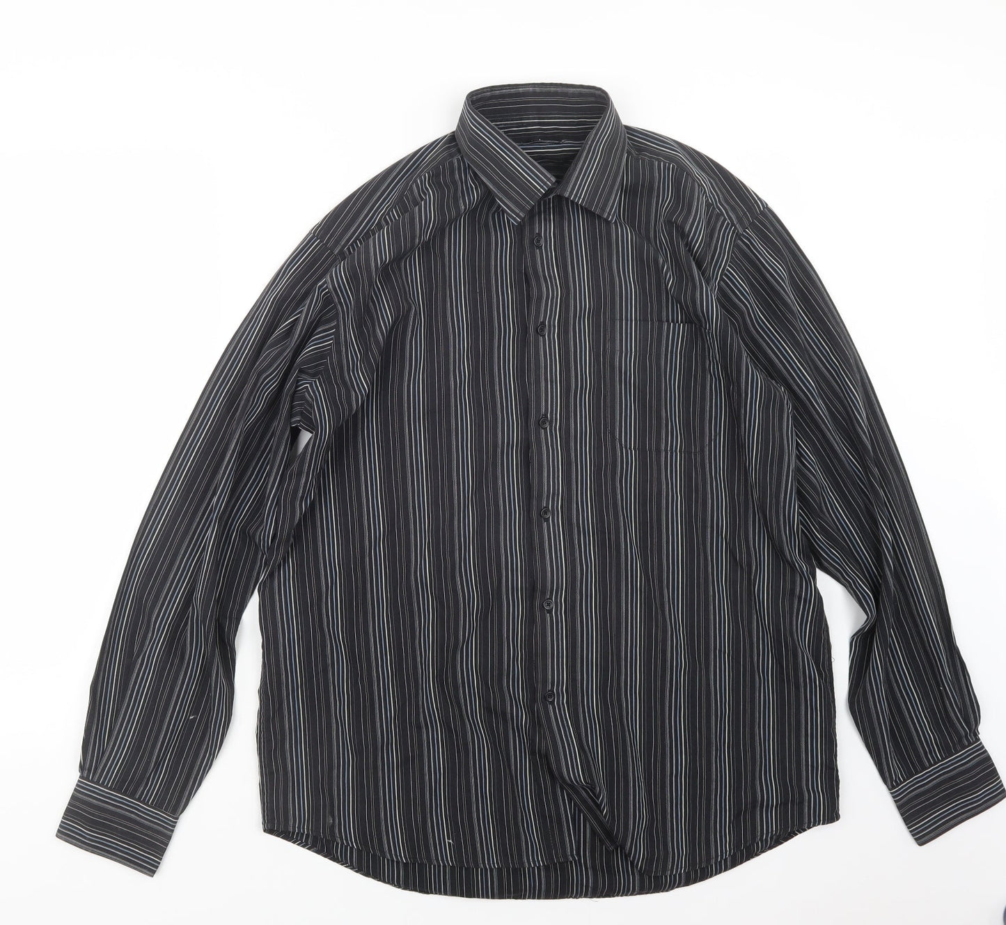 Thomas Nash Mens Black Striped   Button-Up Size 16