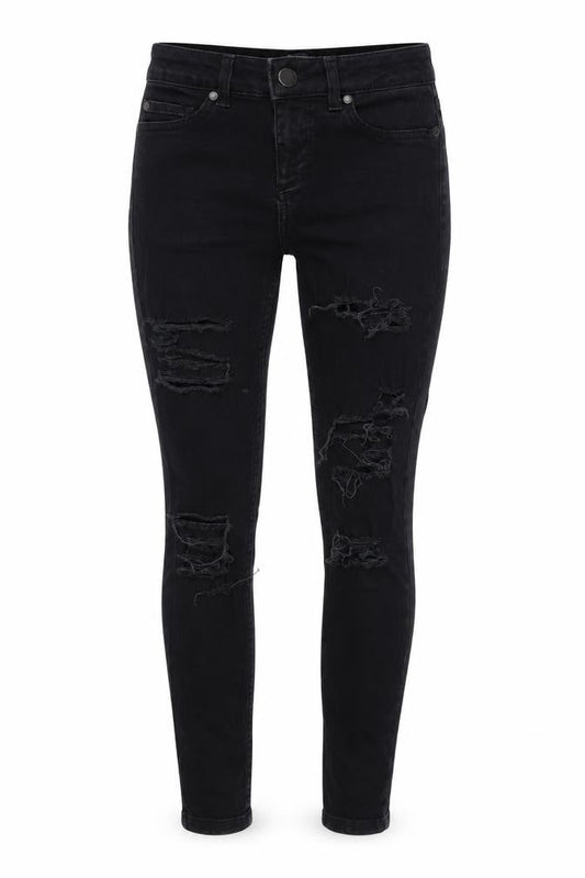 Front view of Miss Selfridge women’s black denim skinny jeans, size UK 8, 26-inch leg