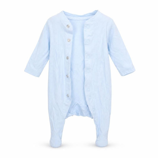 Front view of Mothercare boys’ blue babygrow one-piece, size 0-3, months
