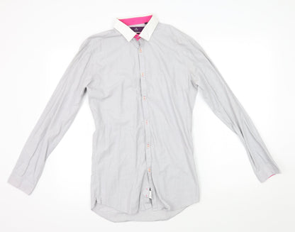 Mens UK Size 14 NEXT Grey  Button-Up Long Sleeve Casual Shirt