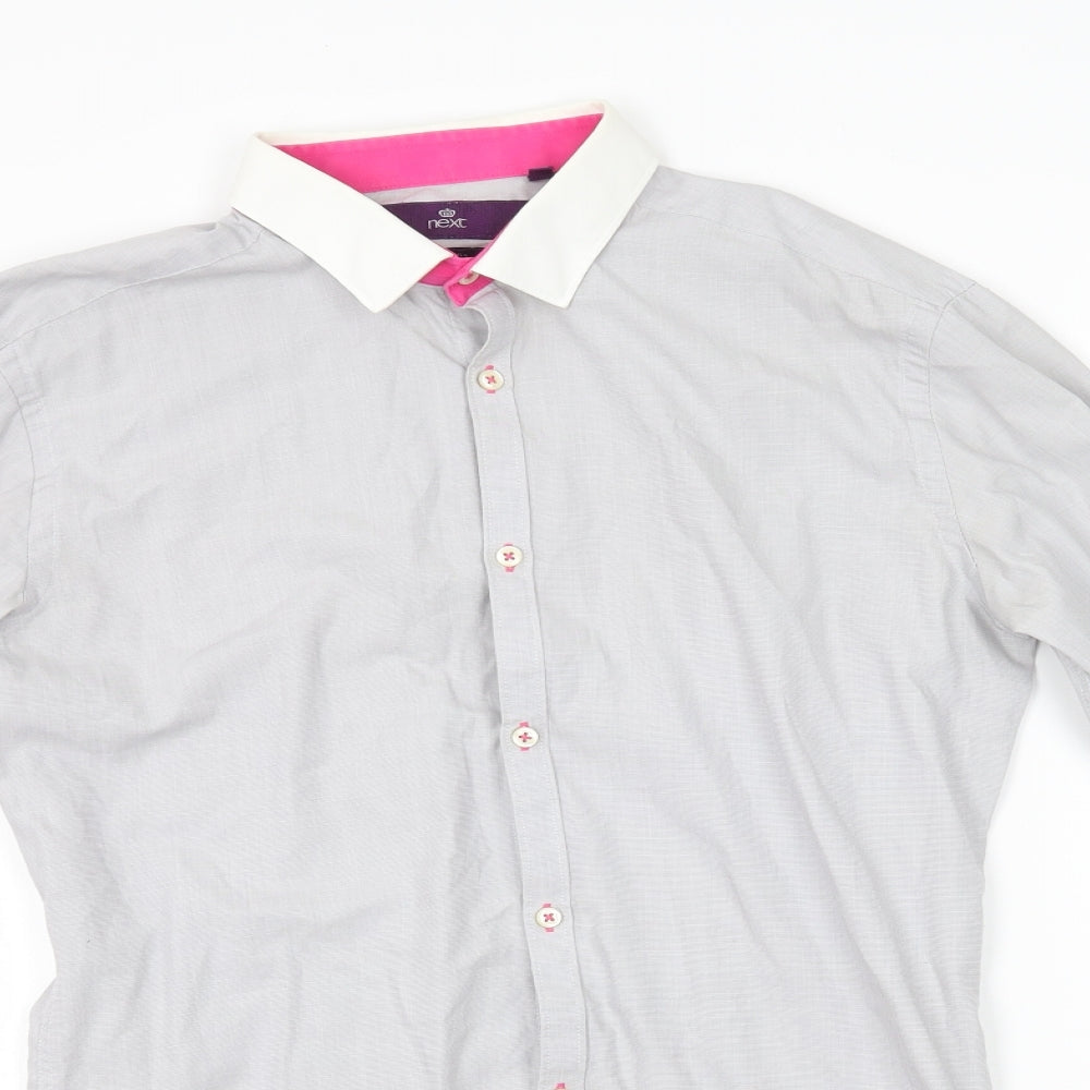 Mens UK Size 14 NEXT Grey  Button-Up Long Sleeve Casual Shirt