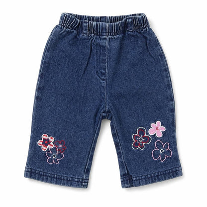 Front view of Adams Baby Blue Floral Denim Jeans, size 3-6, Months
