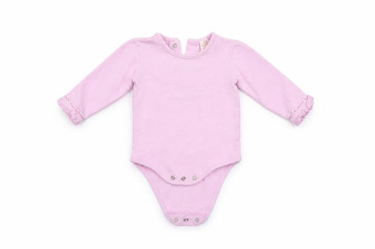 Front view of Little bundle girls’ pink romper one-piece, size 3-6, months