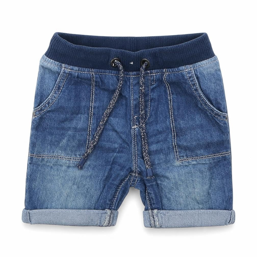 Front view of Tu boys’ blue denim cropped jeans, size 12-18, months