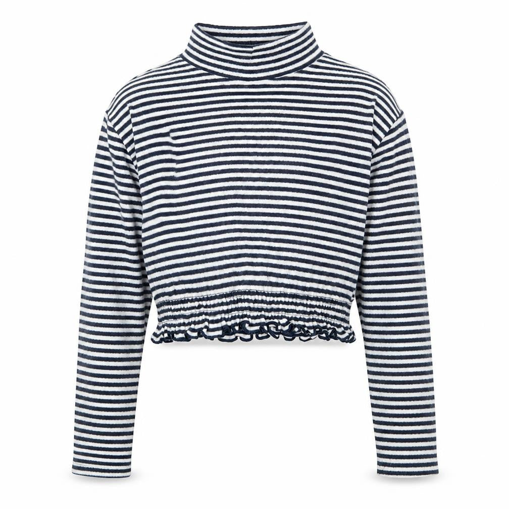 Front view of Next girls’ blue striped cropped t-shirt, size 8, years