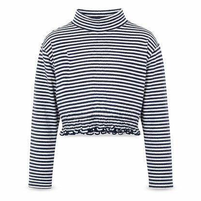 Front view of Next girls’ blue striped cropped t-shirt, size 8, years