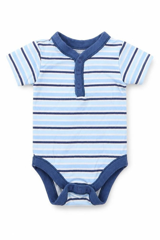 Front view of George boys’ blue striped babygrow one-piece, size 3-6, months