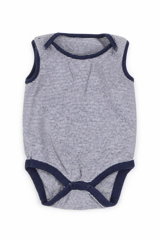 Front view of Next boys’ blue striped babygrow one-piece, size 0-3, months