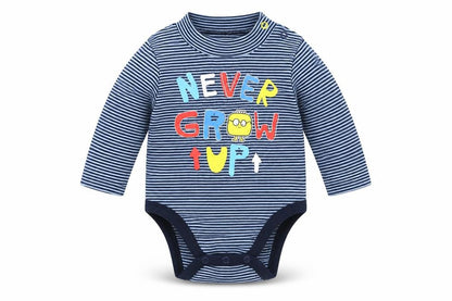 Front view of Ostin boys’ blue striped babygrow one-piece, size 0-3, months - never grow up