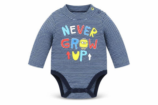 Front view of Ostin boys’ blue striped babygrow one-piece, size 0-3, months - never grow up