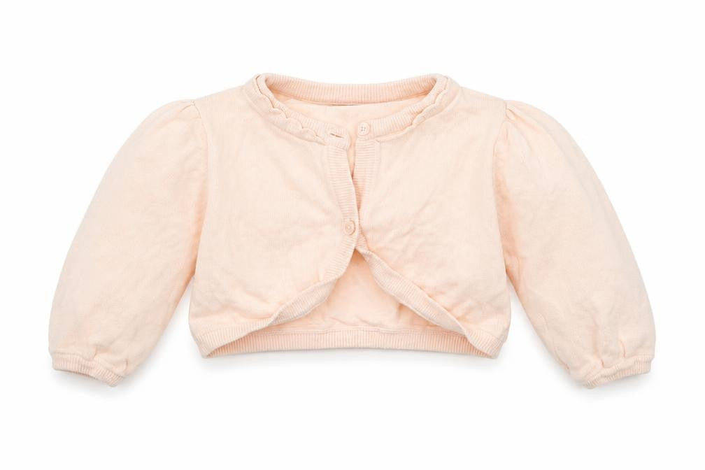 Front view of Butterfly Baby Beige Cardigan Jumper, size 9-12, Months