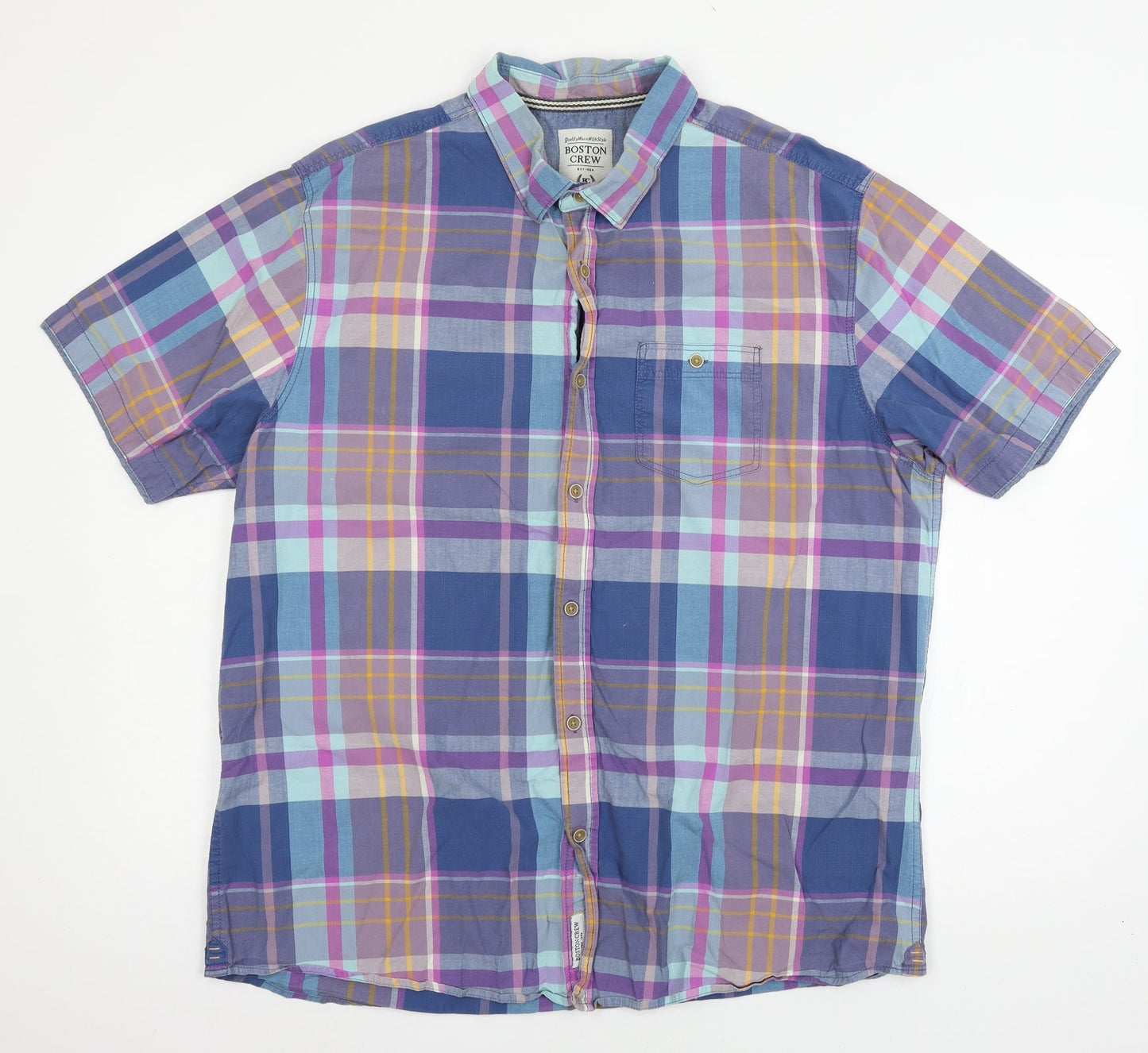 Mens UK Size XL Boston Crew Blue  Button-Up Short Sleeve Casual Shirt
