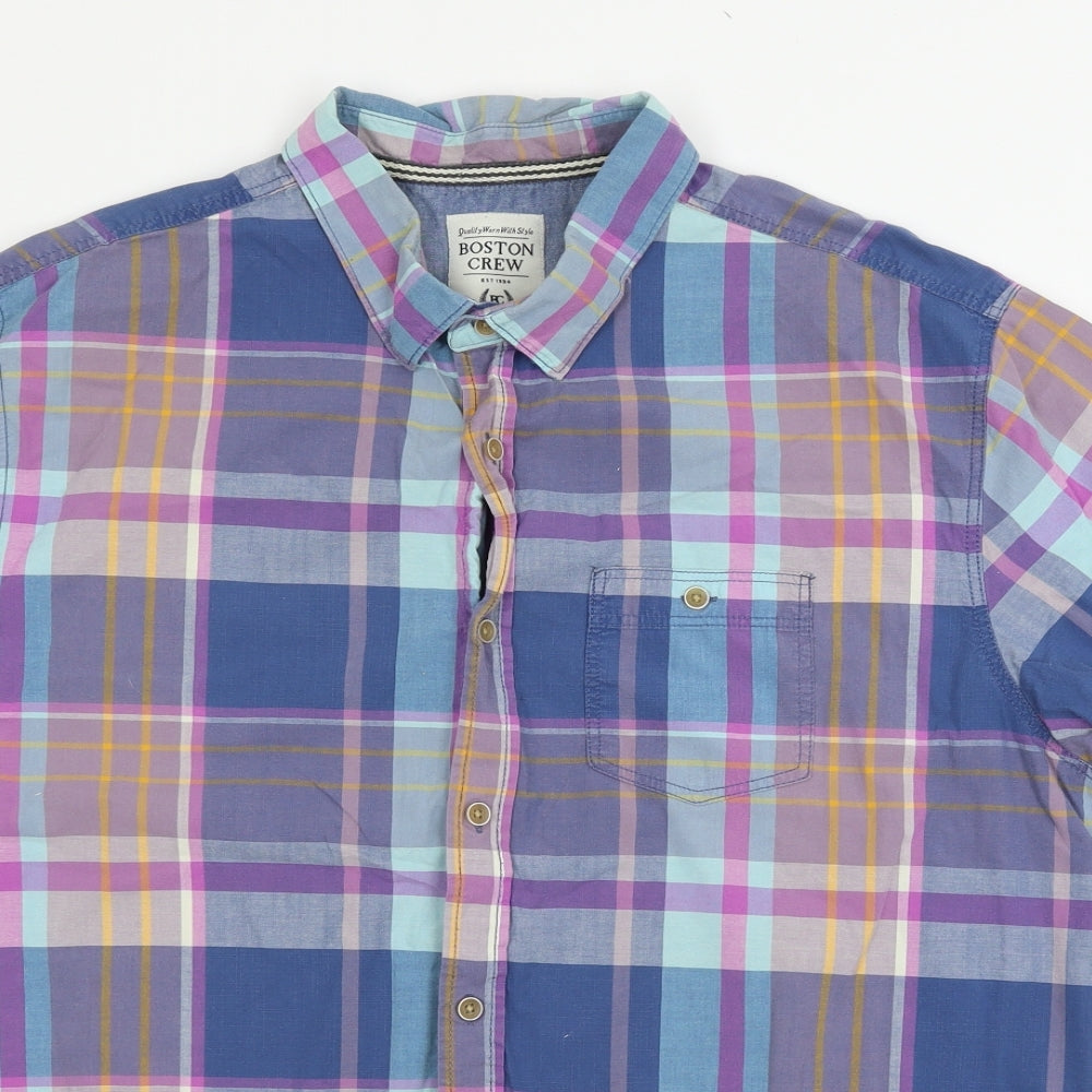 Mens UK Size XL Boston Crew Blue  Button-Up Short Sleeve Casual Shirt
