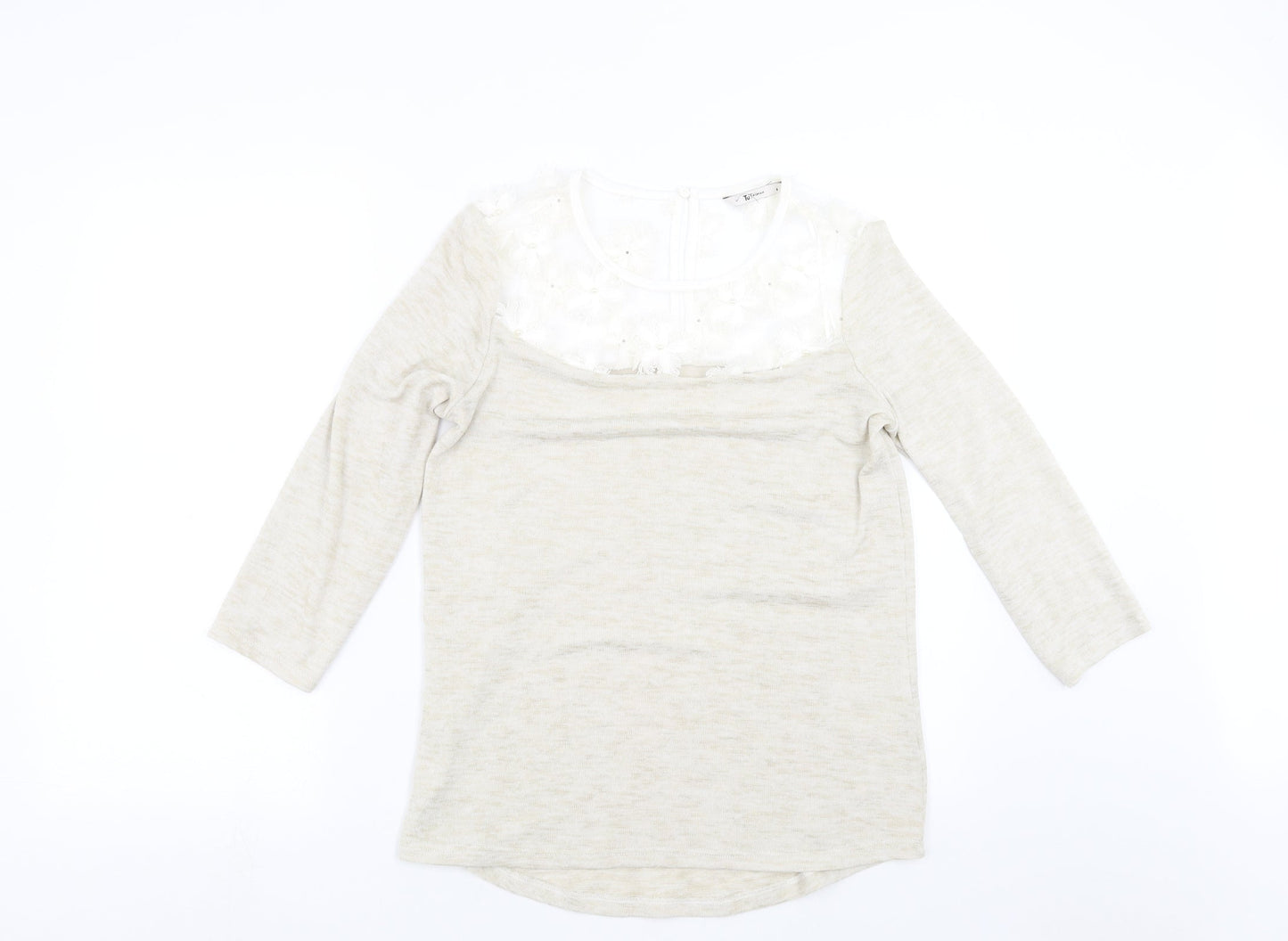 TU Womens Beige  Knit Pullover Jumper Size 8  - floral neck detail