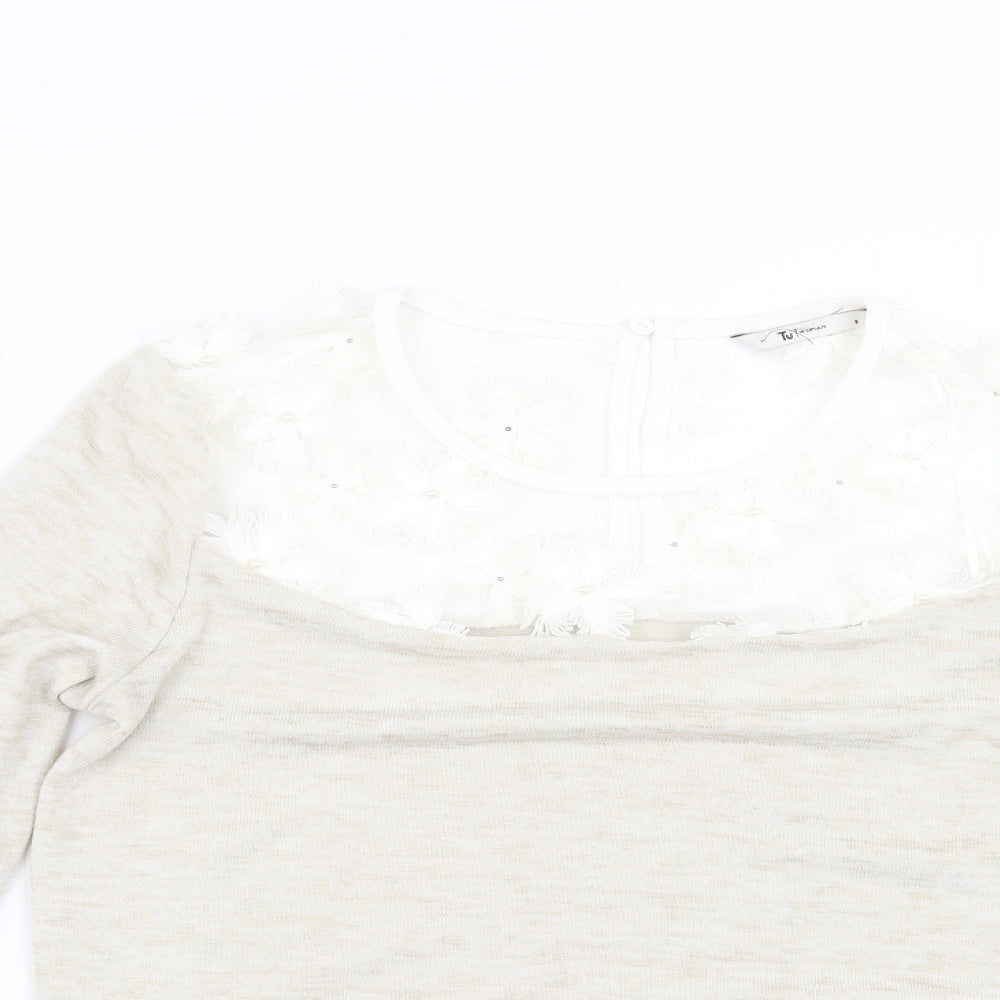 TU Womens Beige  Knit Pullover Jumper Size 8  - floral neck detail