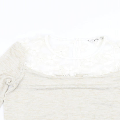TU Womens Beige  Knit Pullover Jumper Size 8  - floral neck detail