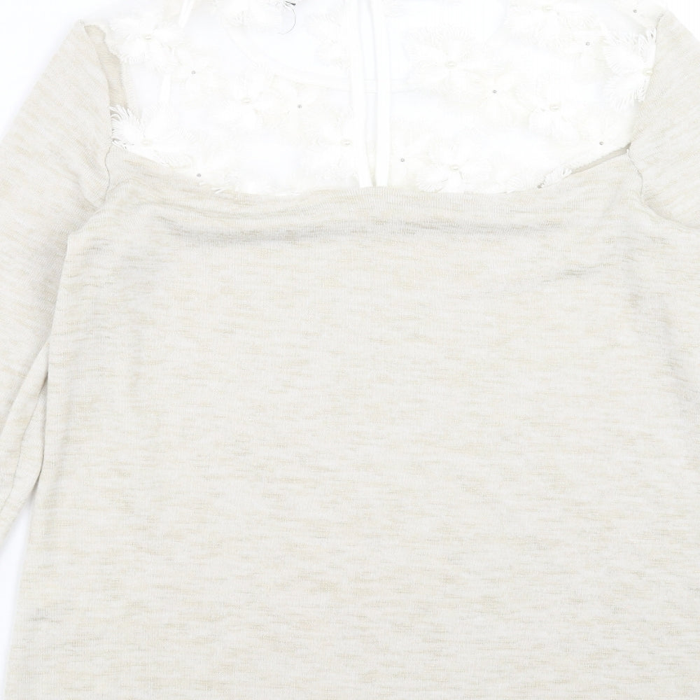 TU Womens Beige  Knit Pullover Jumper Size 8  - floral neck detail