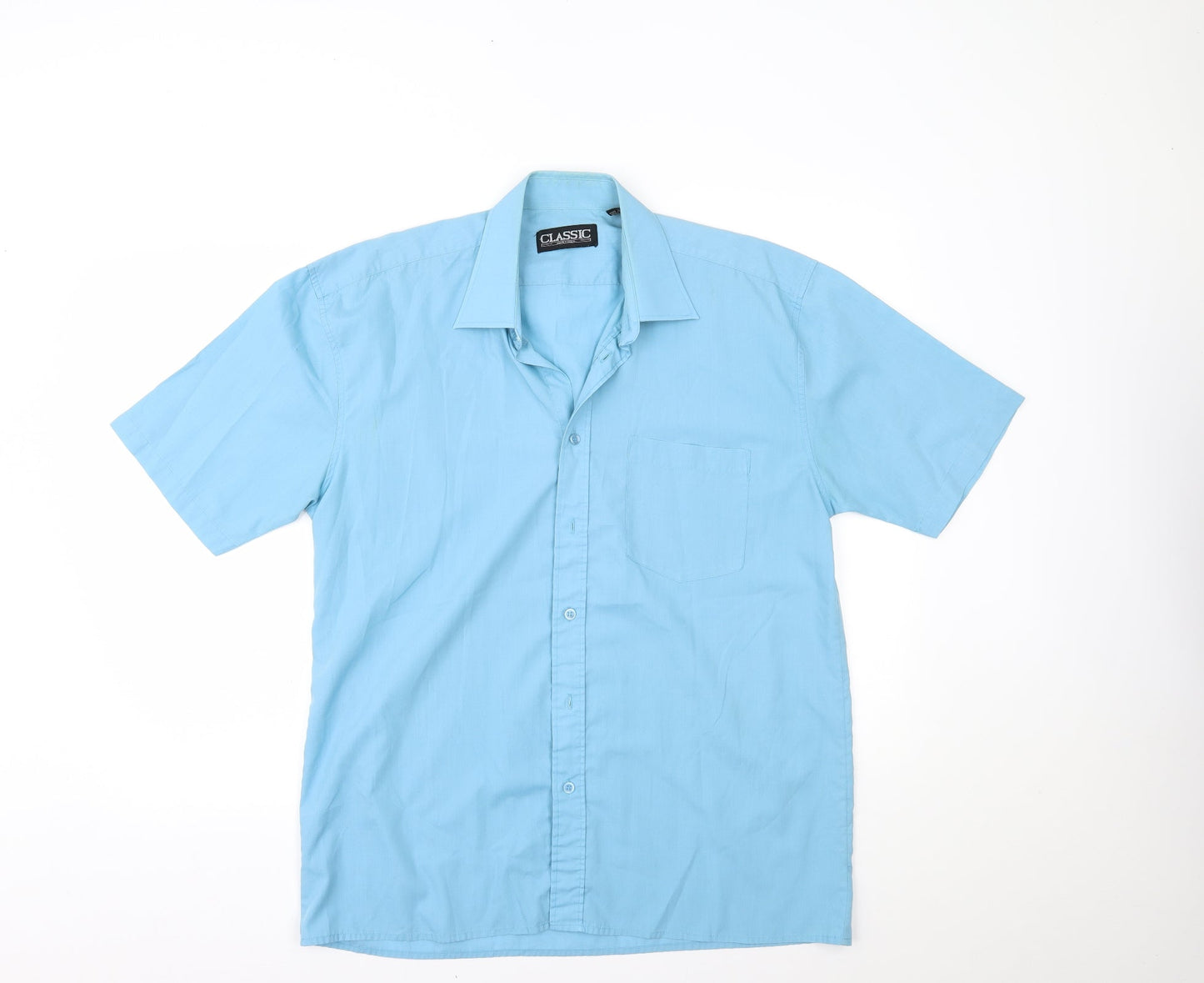 Mens UK Size 16.5 Classic Blue  Button-Up Short Sleeve Casual Shirt