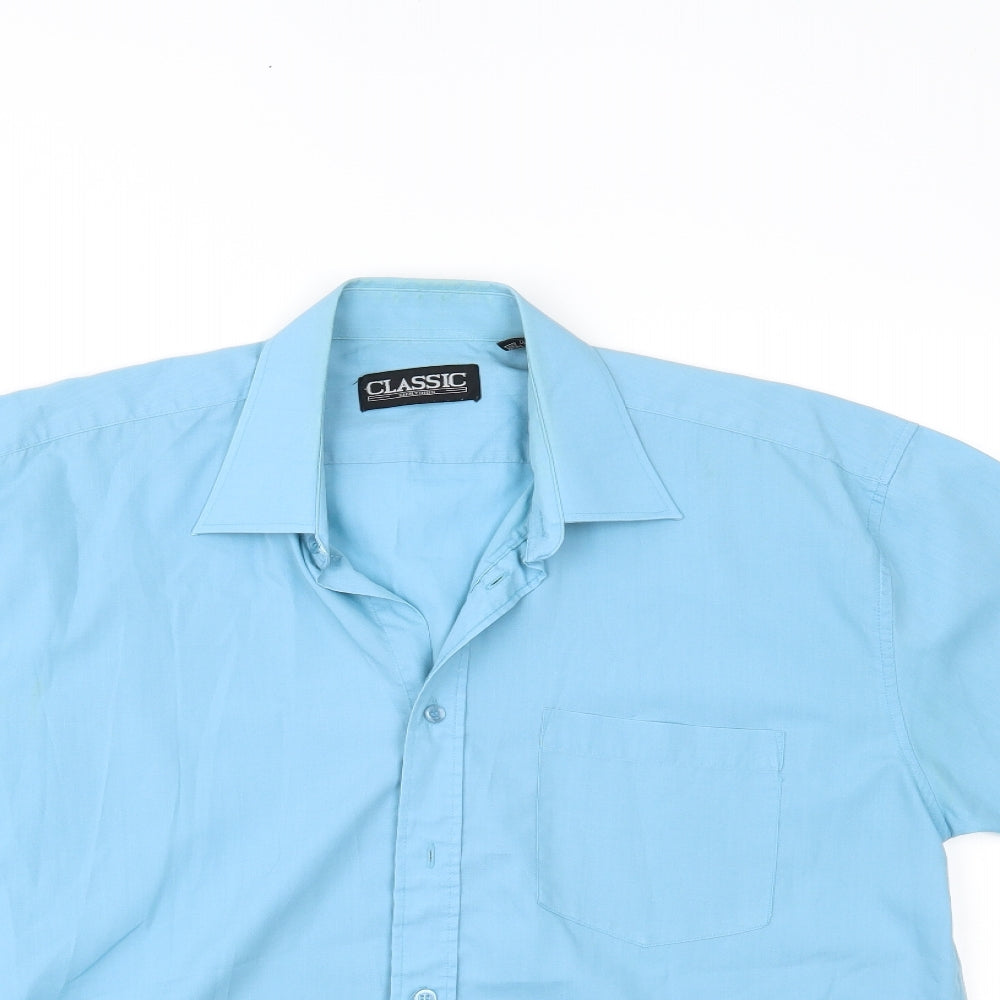 Mens UK Size 16.5 Classic Blue  Button-Up Short Sleeve Casual Shirt