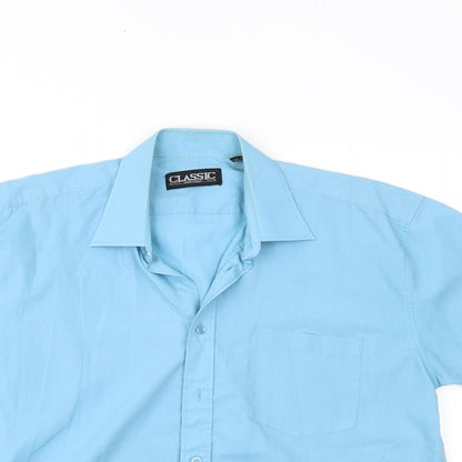 Mens UK Size 16.5 Classic Blue  Button-Up Short Sleeve Casual Shirt