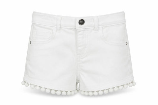 Front view of Denim Co girls’ white denim cut-off shorts, size 5-6, years - pom pom