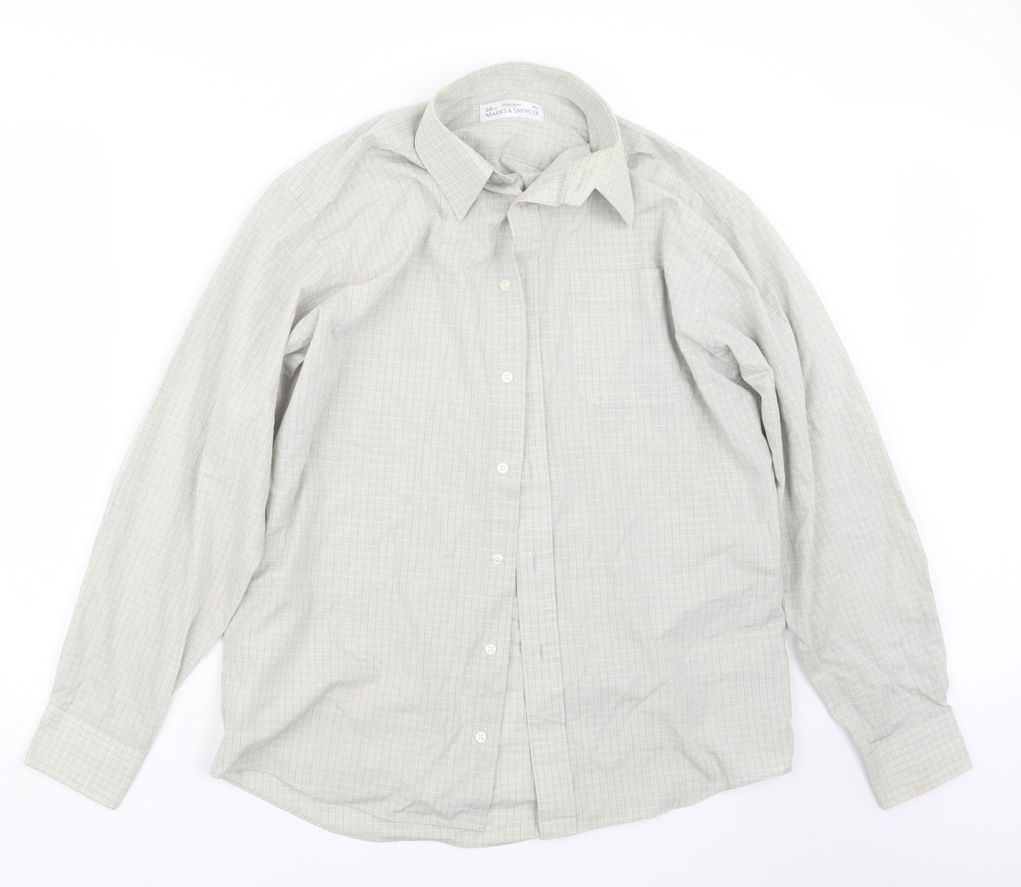 Mens UK Size 15 Marks and Spencer Grey  Button-Up Long Sleeve Casual Shirt