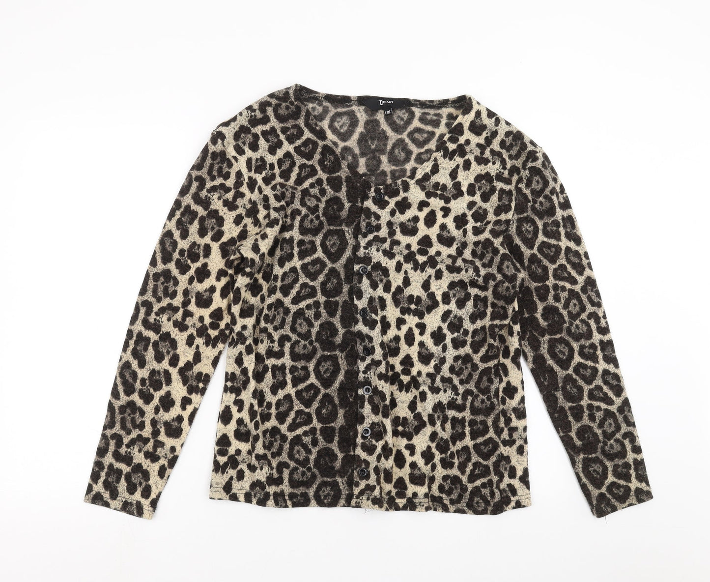 Impact Womens Beige Animal Print Knit Cardigan Jumper Size L