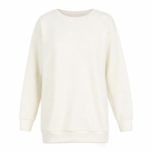 Front view of ASOS women’s white striped pullover sweatshirt, size UK 8, - scoop back