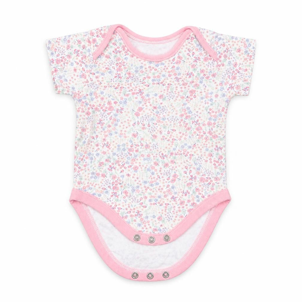 Front view of George girls’ pink floral babygrow one-piece, size 3-6, months