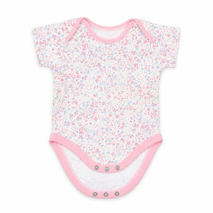 Front view of George girls’ pink floral babygrow one-piece, size 3-6, months