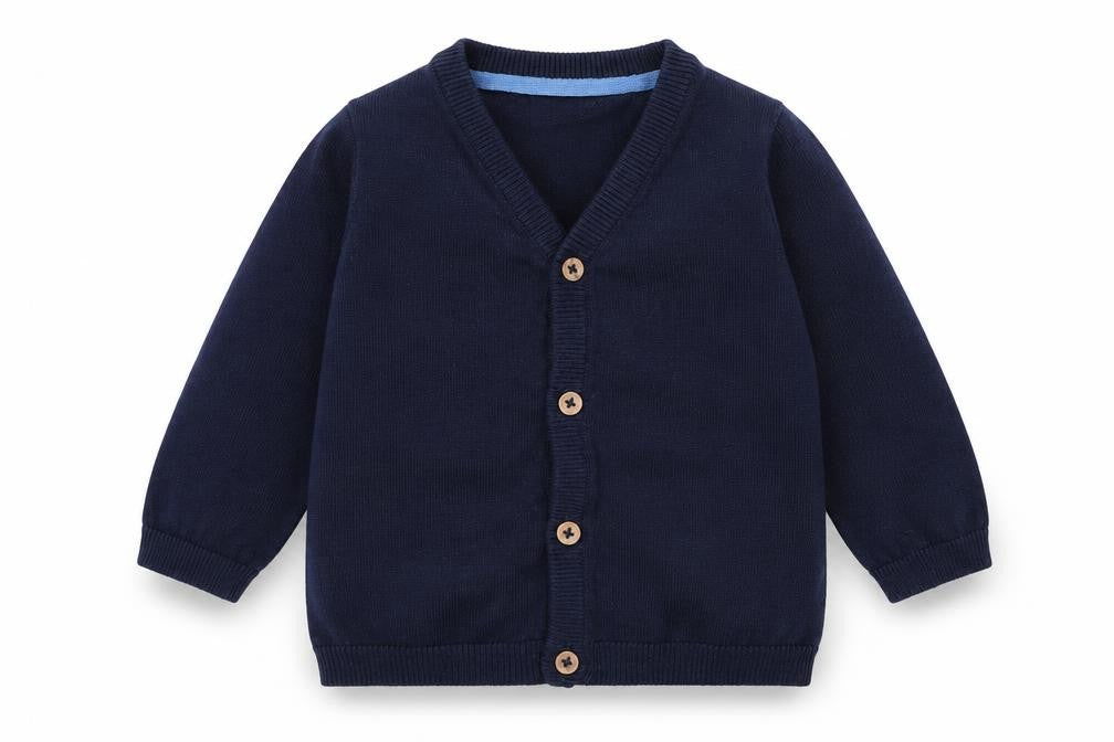 Front view of H&M girls’ blue cardigan jumper, size 3-6, months