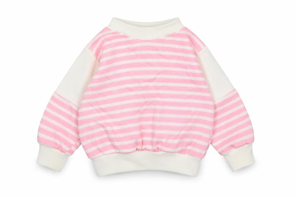 Front view of Preworn girls’ pink striped jumper, size 3-6, months
