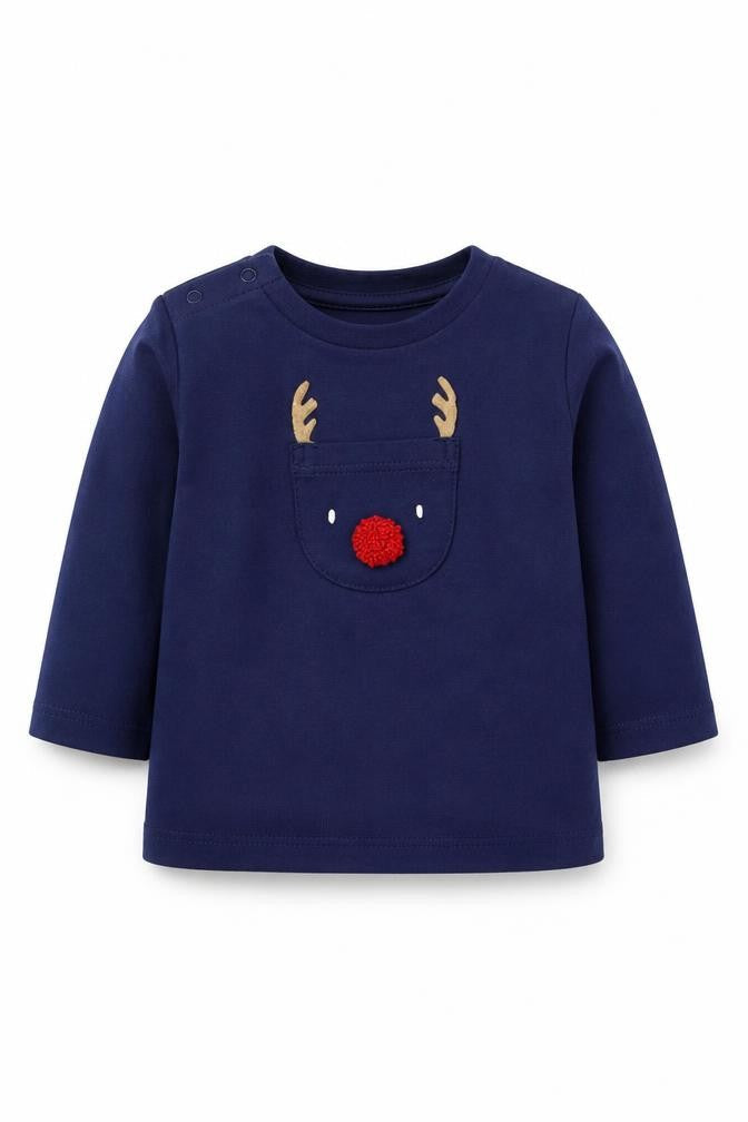 Front view of Very boys’ blue basic t-shirt, size 0-3, months - christmas reindeer rudolph