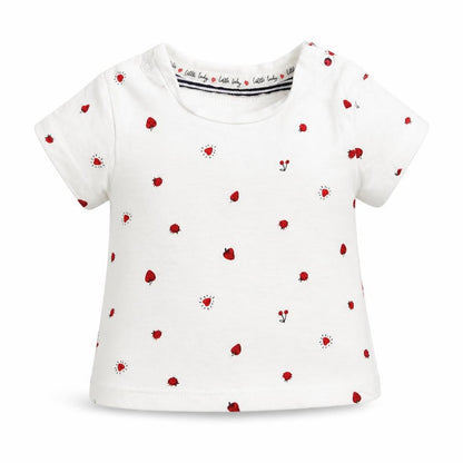 Front view of Mothercare girls’ white polka dot basic t-shirt, size 0-3, months - heart strawberry ladybird print