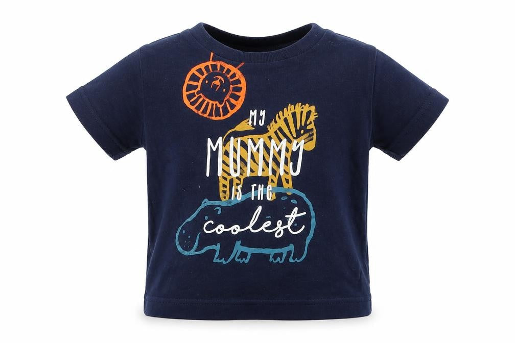 Front view of F&F boys’ blue basic t-shirt, size 6-9, months - my mummy is the coolest animals